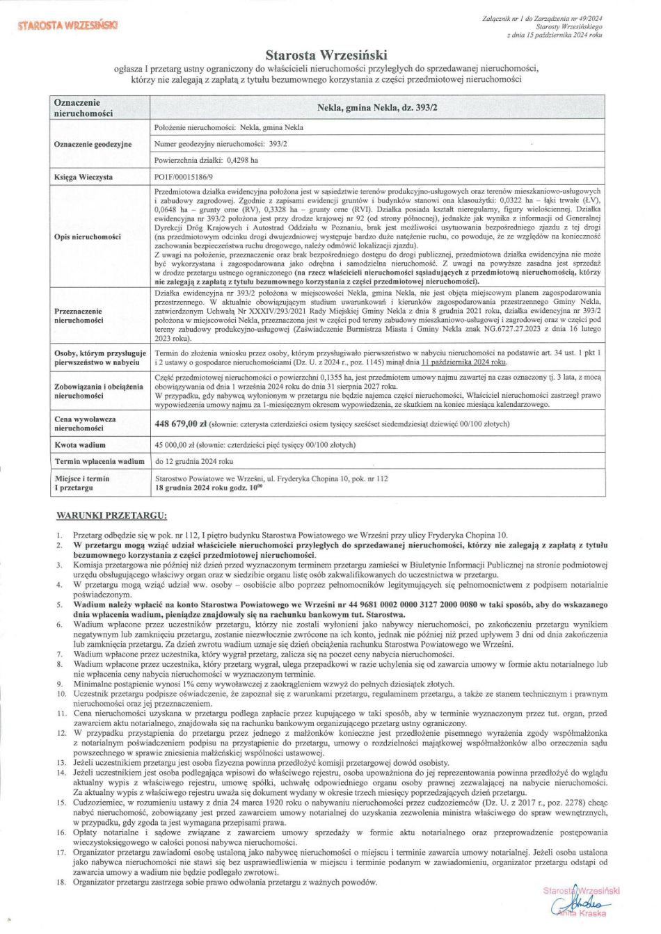 Ogłoszenie - I przetarg (Nekla dz. 393_2)