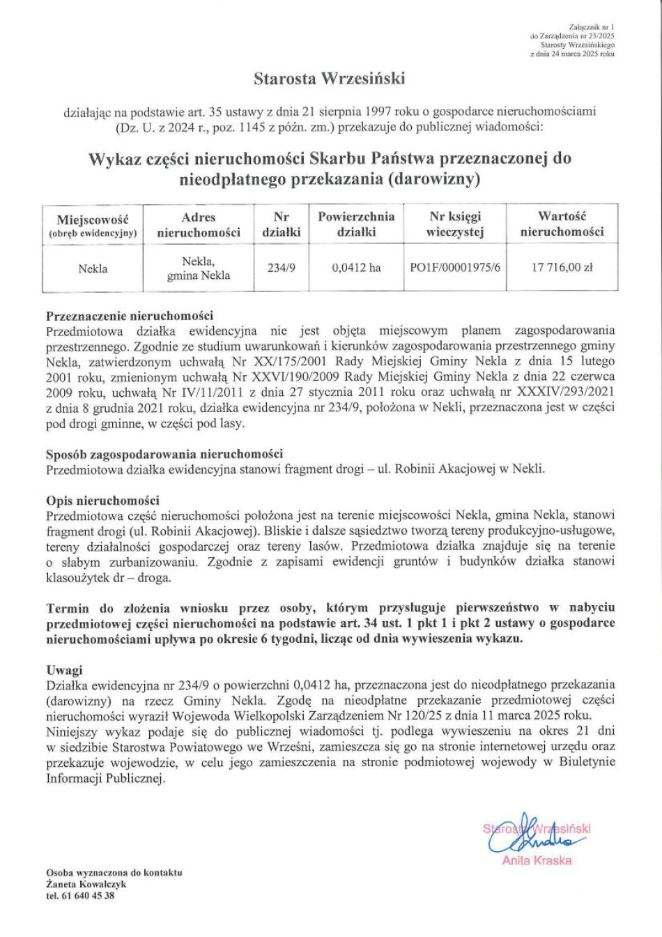 Wykaz części nieruchomości przeznaczonej do nieodpłatnego przekazania - Nekla dz. 234_9