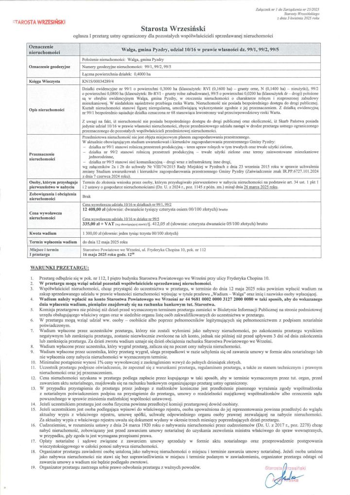 Ogłoszenie o I przetargu ustnym ograniczonym - Walga dz. 99_1, 99_2, 99_5