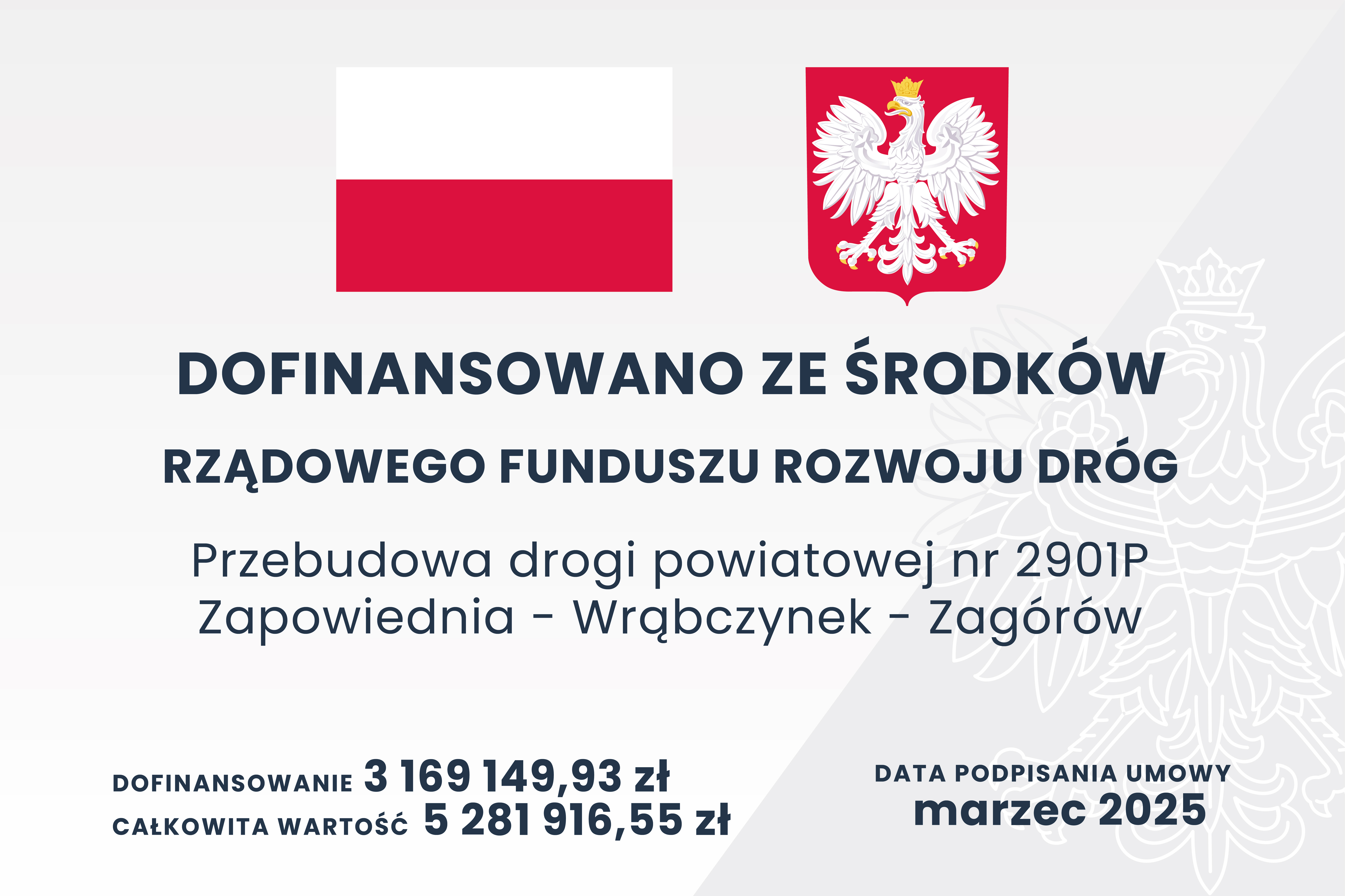 Na górze znajdują się dwie flagi: po lewej flaga Polski (biało-czerwona), po prawej herb Polski (biały orzeł w koronie na...