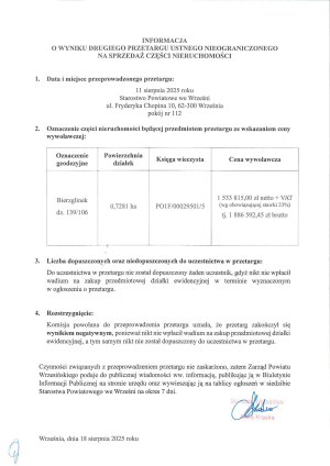 Informacja o wyniku II przetargu ustnego nieograniczonego na sprzedaż części nieruchomości - Bierzglinek dz. 139-106