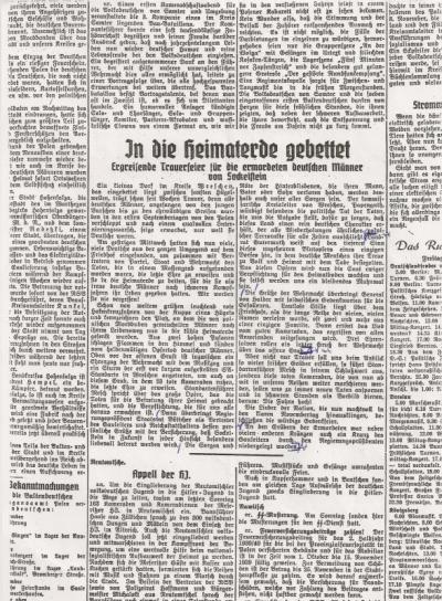 Sprawozdanie z uroczystości pochówku sokolnickich Niemców zamieszczone w hitlerowskim organie prasowym Kraju Warty...