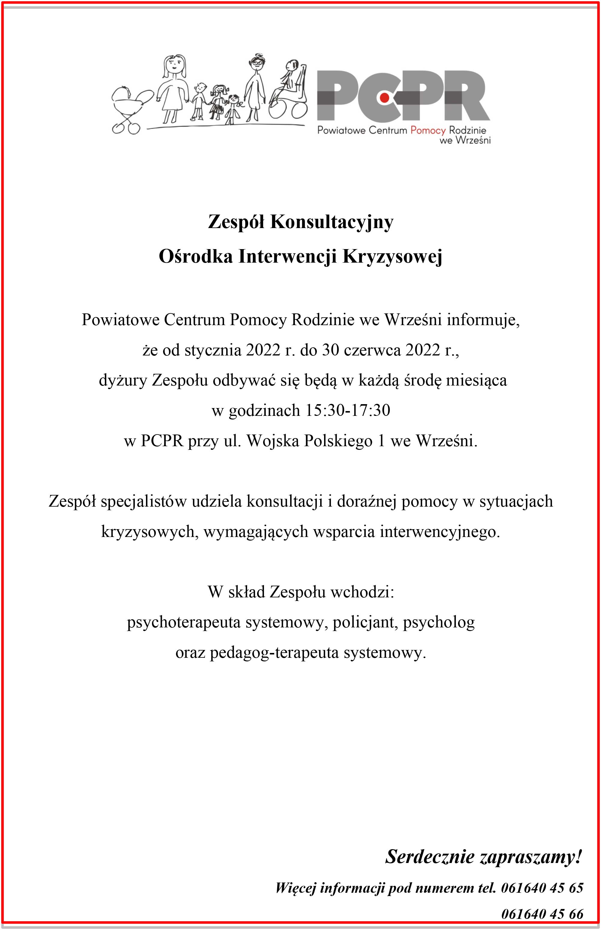 Dyżury Zespołu Konsultacyjnego Ośrodka Interwencji Kryzysowej – plakat