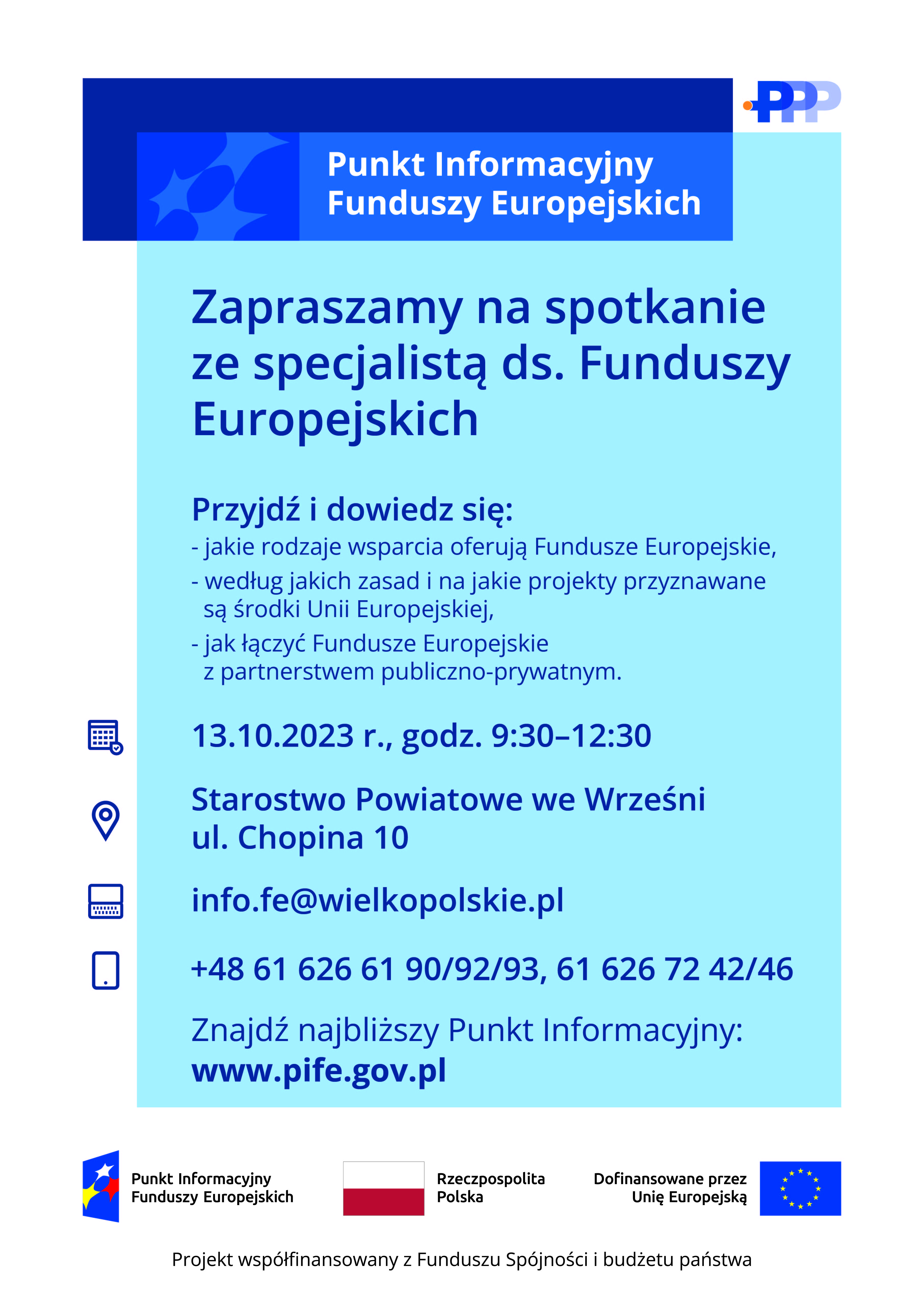 plakat spotkania ze specjalistą ds. Funduszy Europejskich