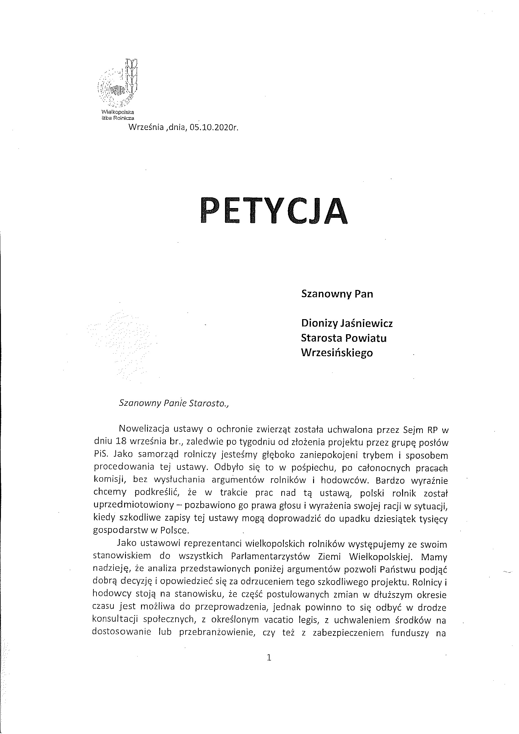 Petycja Przewodniczącego Rady Powiatowej Wielkopolskiej Izby Rolniczej w Września Andrzeja Waszaka